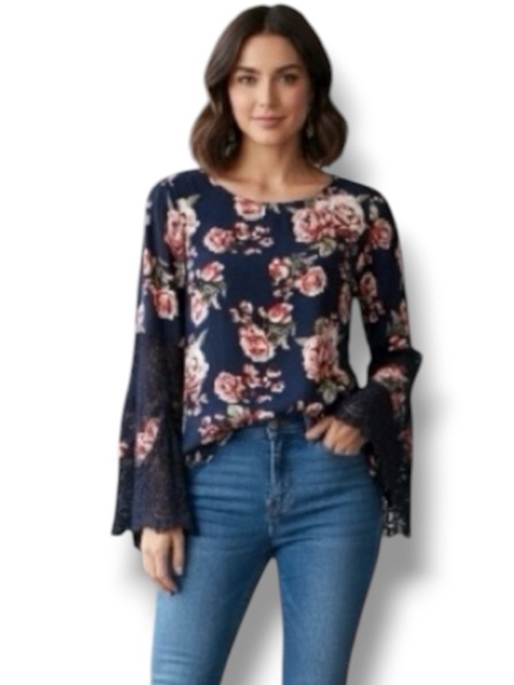 Wishful Park Blouse Navy Rose Print Lace Detail Bell Sleeve Boho WhimsyGoth - M